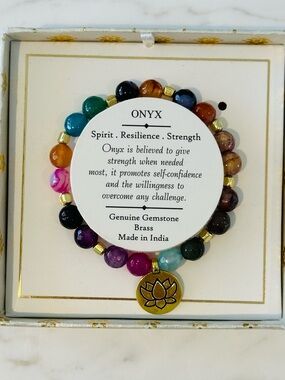 Shivam Onyx Spirit Resilience Strength Gemstone Bracelet Brass Lotus Charm Beads
